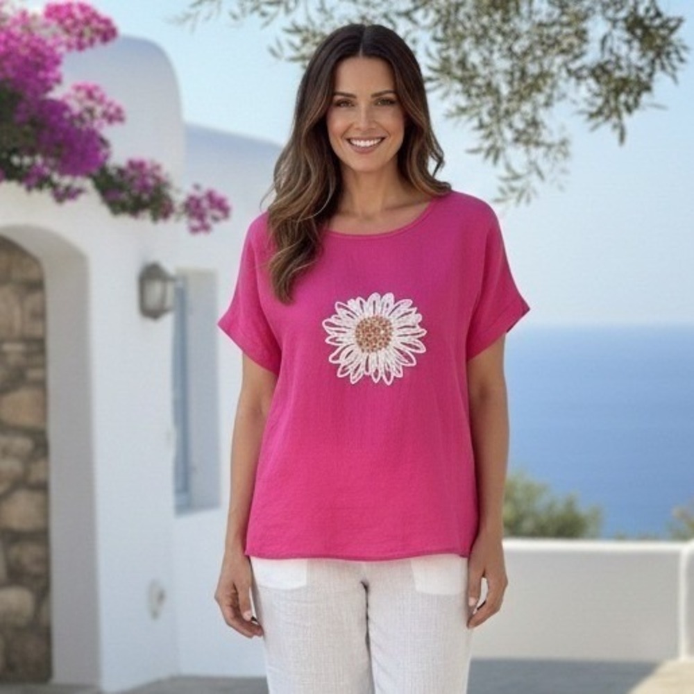 Made in Italy L Hot Pink Linen Sequined Daisy Short Sleeve Boxy Crop Top Womens